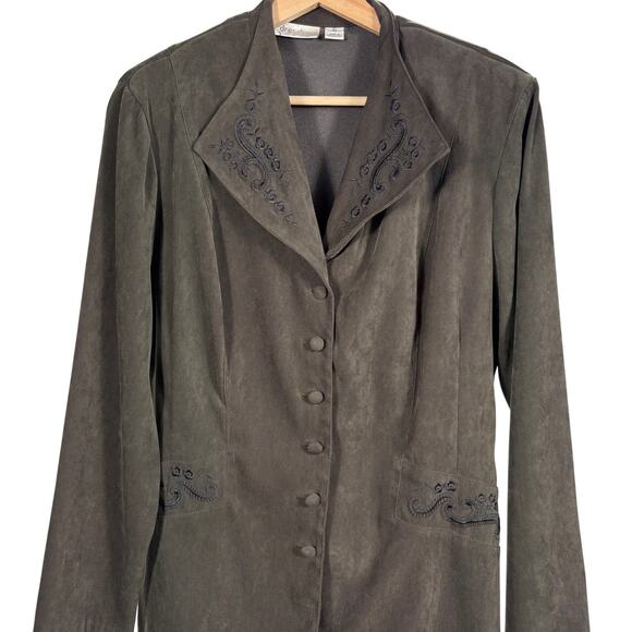 Dressbarn Women's Size 10 Green Faux Suede Embroidered Blazer Jacket Vintage - Picture 3 of 11